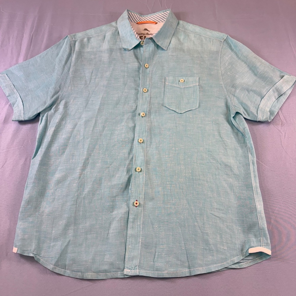 Tommy Bahama Relax Mens Large Aqua Blu 100% Linen Short Sleeve Button Down Shirt